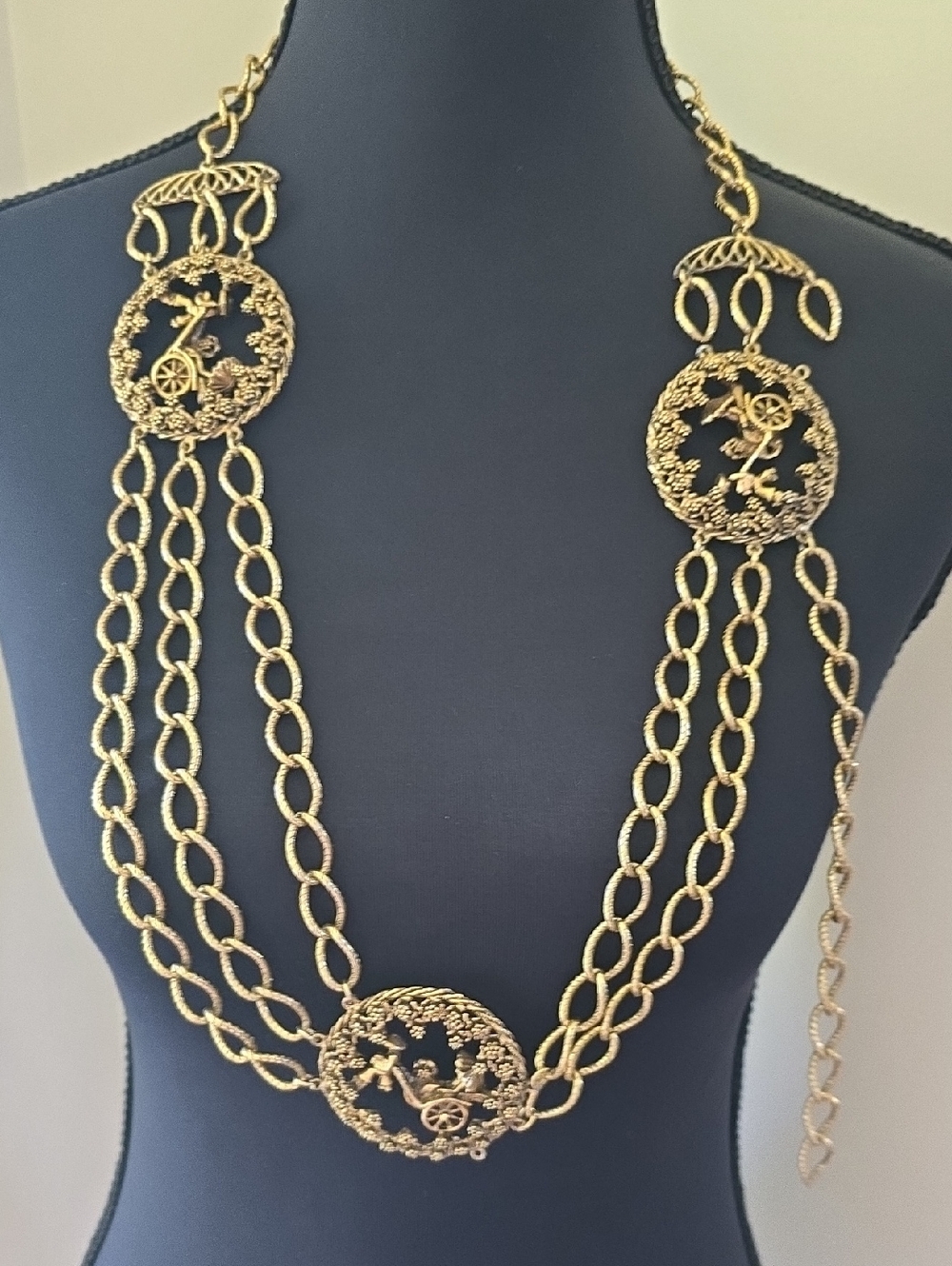Elegant Gold-Tone Triple Chain Medallion Necklace - Women's Jewelry